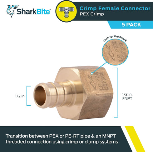 SharkBite 1/2 x 1/2 Inch FNPT Crimp Adapter, Pack of 5, Brass Plumbing Fitting, PEX Pipe, PE-RT, UC072LFA5...