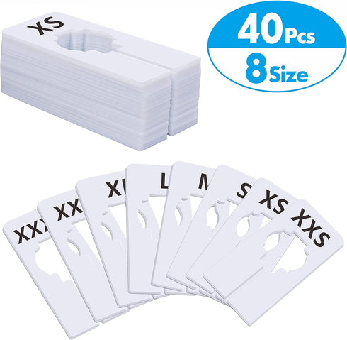40 Pack Rectangular White Plastic Clothing Size Closet Rack Dividers Hangers, Preprinted in 8 Sizes XXS, XS, S, M, L, XL, XXL, XXXL (2.5”x 5”, Inn...
