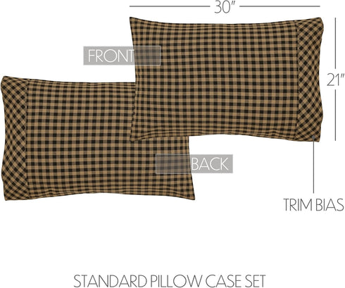 VHC Brands Black Check Standard Pillow Case Set of 2 21x30 Country Rustic Design, Black and Tan...