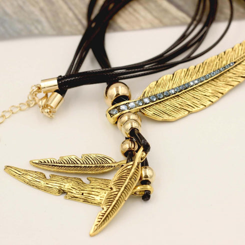 Brown Women Girls Antique Vintage Time Necklace Sweater Chain Pendant Feather Pendant Necklace Brown and Gold...