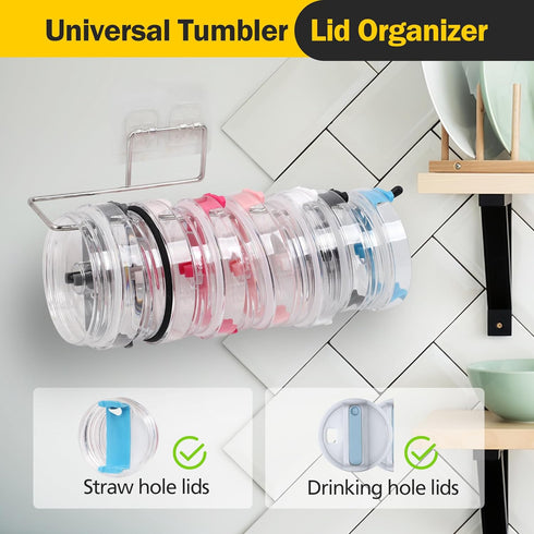 2 Pack Tumbler Lid Organizer, Space Saving Cup Lid Organizer for Kitchen Cabinets for Yeti Tumbler/Stanley Tumbler, Self-Adhesive Tumbler Lid Orga...