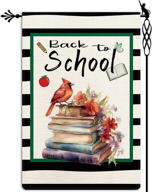 Back to School Garden Flag Cardinal Books Garden Flag First Day of School Vertical Double Sided Rustic Farmland Burlap Yard Lawn Outdoor Decor 12....