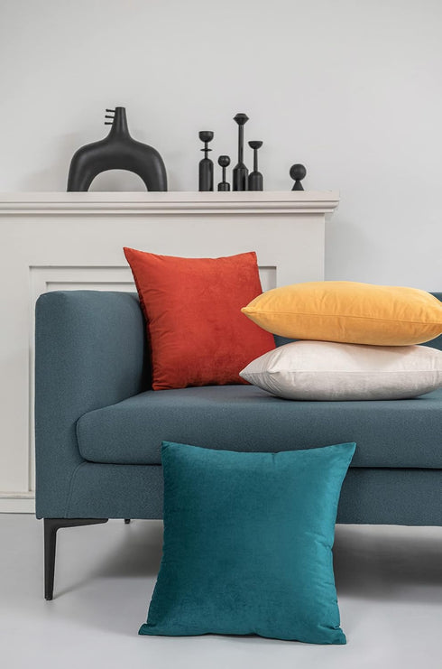 DEZENE Throw Pillow Cases 18x18 Teal: 2 Pack Cozy Soft Velvet Square Decorative Pillow Covers for Farmhouse Home Decor...