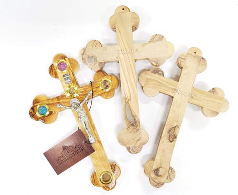 Wall Cross Crucifix Orthodox 14 Station 4 Lens Olive Wood Essences by LION OF JUDAH MARKET (11")...