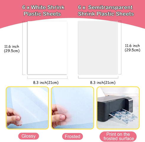 Auihiay 12 Pieces Printable Shrinky Plastic Sheets, Shrink Films Papers for Kids Easter Ornament and Mothers Day Gifts, 6 White and 6 Semitranspar...