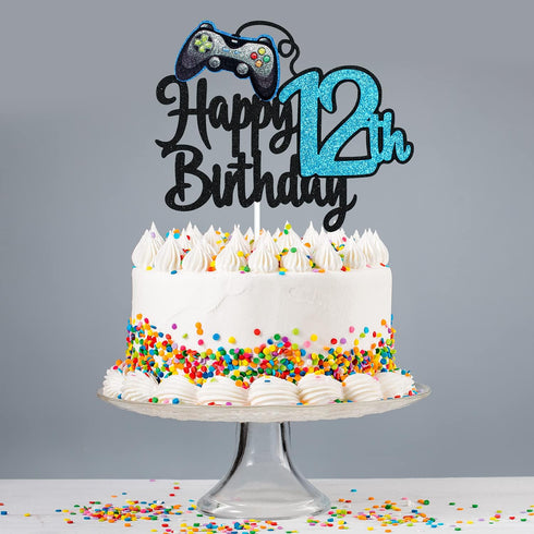 Video Game Happy 12th Birthday Cake Topper - Video Game Boy's 12th Birthday Party Blue Cake Supplies - Game On Level Up Winner Party Decoration...