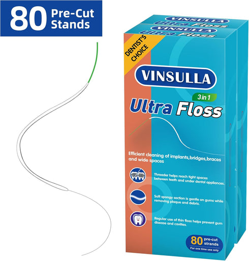 Dental Floss for Braces, Floss Threaders for Bridges and Implants 80 Pre-Cut Strands (Pack of 3)...