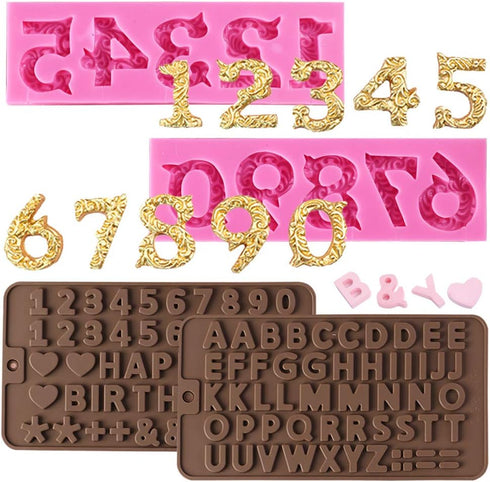 4 Pcs Silicone Mold, AIFUDA Letter, Number Silicone Molds and Number Molds with Happy Birthday Cake Decorations Symbols for DIY Cookies, Chocolate...