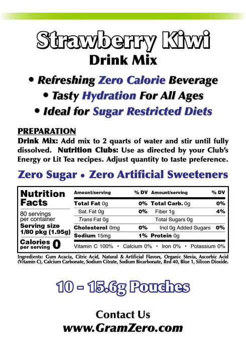 GramZero Strawberry Kiwi, Sugar Free Drink Mix, Pitcher Pack, Great For Nutrition Club Loaded Tea, Zero Calorie, Stevia Sweetened...