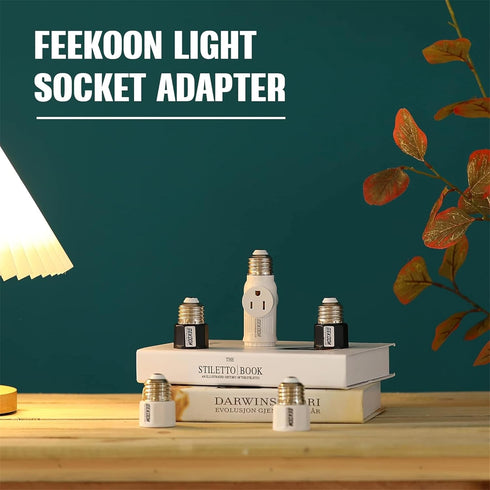 Feekoon 4 Pcs 3 Prong Light Socket Adapter, E26 Light Bulb Outlet Adapter, Polarized Light Socket to Plug Adapter, Light Bulb to 2/3 Prong Outlet ...