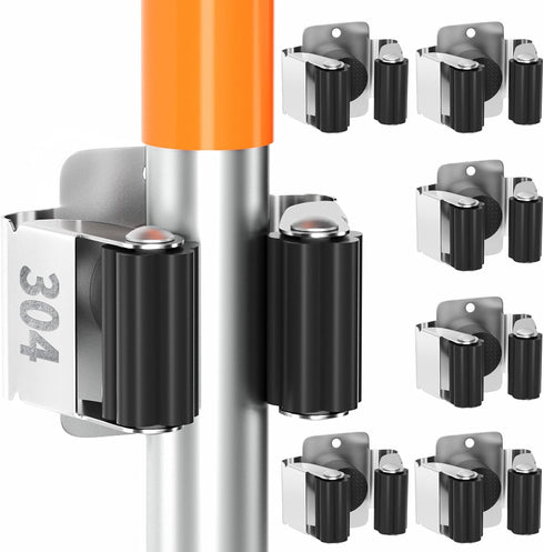 6 Pack Broom Holder Wall Mount Stainless Steel Mop Hanger Organization Heavy Duty Garage Storage System Garden Laundry Kitchen Tool Organizer Gene...