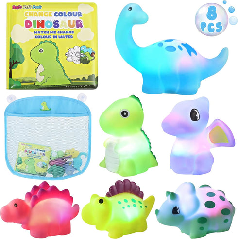 Light Up Bath Toys for Toddlers Kids Baby Boys, No Hole Dinosaur Bath Toys with Bath Book & Organizer, Led Light Bath Time Water Toys for Bath Tub...