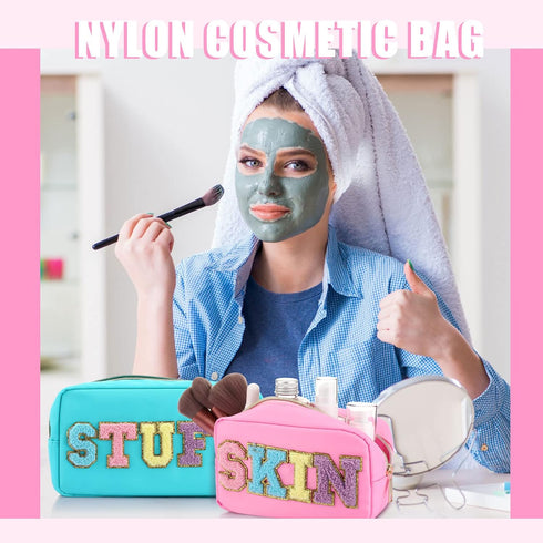 3 Pcs Preppy Makeup Bag Chenille Letter Nylon Cosmetic Bags Travel Varsity Letter Skin Stuff Bag Organizer Pouch Travel Bag Set for Women Girls (B...