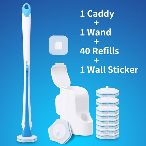 Disposable Toilet Brush with 40PCS Refills, Wall Mounted Compact Bathroom Bowl Wand Cleaning System Long Handle with Storage Caddy...