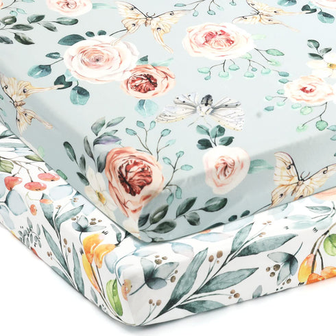 GRSSDER Stretchy Ultra Soft Jersey Knit Fitted Pack n Play Sheets Set 2 Pack, Portable/Mini Crib Sheets for Girls, Watercolor Flowers and Fruits...