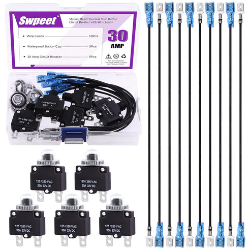 Swpeet 20Pcs 30Amp Thermal Circuit Breaker with 19cm 6.3mm Female Spade Terminals Wire Leads and Waterproof Button Caps Kit, Waterproof Push Butto...