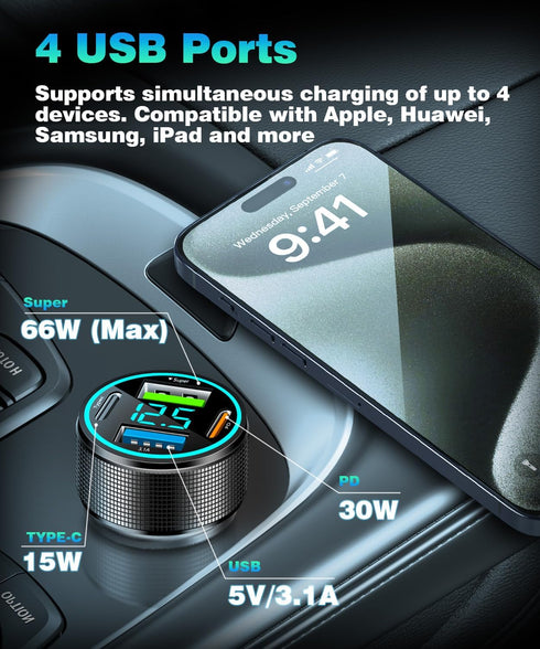 66W USB C Car Charger 4 Port Car Charger Adapter with 30W PD, 3.1A Aluminium Alloy Car Cigarette Lighter USB Charger with LED Voltmeter Compatible...
