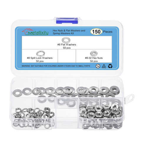 Hex Nuts Assortment Kit (#8-32 Hex Nuts with #8 Flat Washers & Split Lock Washers) 150Pcs, 304 Stainless Steel Hexagon Nut Hardware Kit...