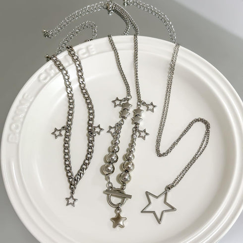2 Pieces Silver Star Necklace Y2K Jewelry Set Grunge Necklace Kawaii Cute Necklaces Aesthetic Vintage Emo Jewelry...