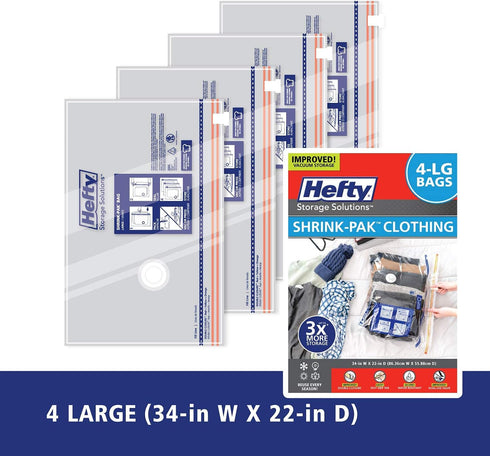 Hefty Shrink-Pak - 4 Large Vacuum Storage Bags for Storage for Clothes, Pillows, Towels, or Blankets - Space Saver Vacuum Sealer Bags Ideal Under ...