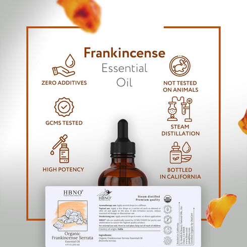HBNO® California Bottled Organic Frankincense Essential Oil 4 fl oz (120ml) - USDA Certified Organic Frankincense Oil - Organic Frankincense Essen...