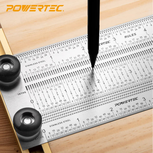 POWERTEC 6'' Precision Marking T-Square, T Rule w/Pencil for Measuring, Scribing, Setting Up Bits Height, Stainless Steel Woodworking & Crafting M...