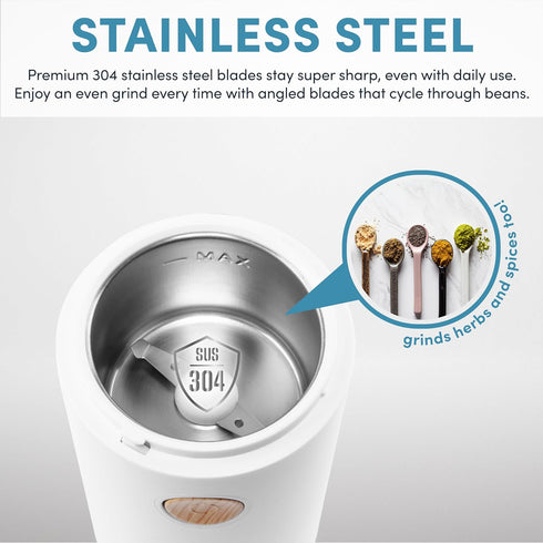 Aroma Housewares Mini Coffee Grinder and Electric Herb Grinder with 304 Stainless Steel Grinding Blades and a See-through Lid (40 g.), White, 40g...