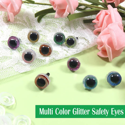 TOAOB 120pcs Glitter Plastic Safety Eyes 10mm Crafts Doll Eyes 10 Colors Half Round Craft Crochet Eyes with Washers for Stuffed Animals Amigurumis...
