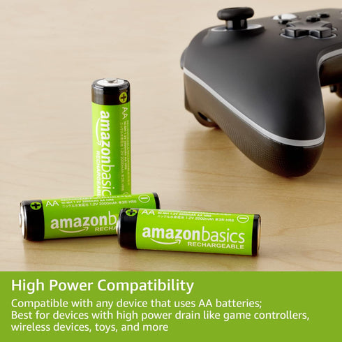Amazon Basics 12-Pack Rechargeable AA NiMH High-Capacity Batteries, 2400 mAh, Recharge up to 400x Times, Pre-Charged...