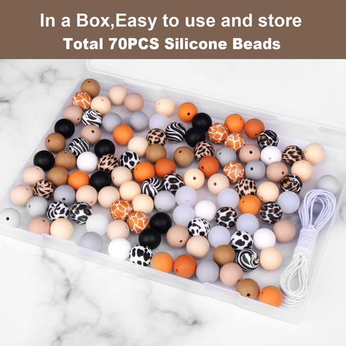 70Pcs Animal Silicone Beads Bracelet Making kit, 15mm Soft Rubber Round Beads Crafts for Keychain Wristlets Pacifier Clips Teething Lanyards Neckl...