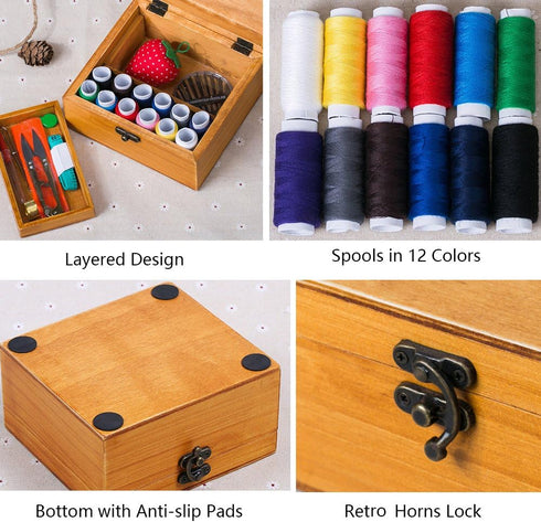 Flytreal Sewing Kit Small Box Basket, Wooden Hand Home Sewing Repair Tool Kit, Beginner Universal Sew Kit Accessories for Women, Men, Adults, Girl...