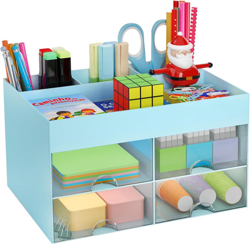 Desk Organizer and Accessories with 4 Compartments and 4 Drawers, Plastic Makeup Organizer, Pen Holder for Desktop Storage, Desk Organization for ...