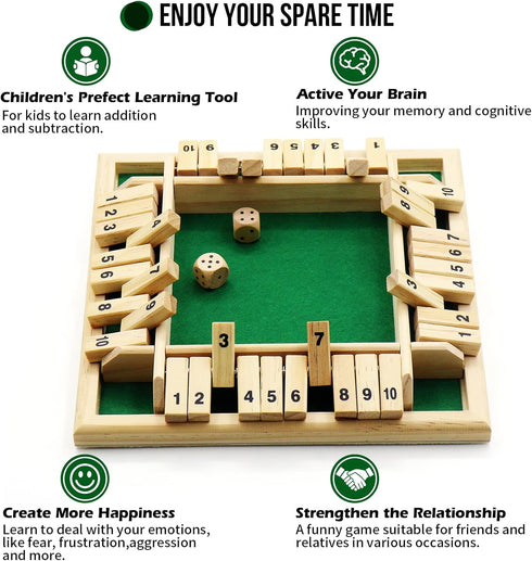 Dice Game Shut The Box Game Wooden Board Game with 10 Dices,a Classic 4 Sided Family Math Game for 2-4 Players Dice Board Game Shut-The-Box(Kids o...