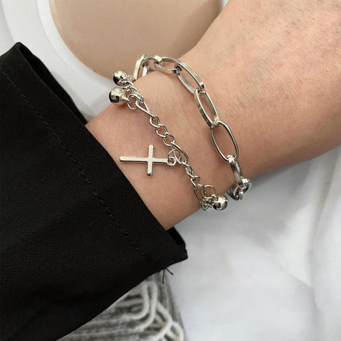 IFKM Vintage Silver Chain Finger Rings Bracelet, Gothic Punk Emo Cross Cool Simple Rings, Adjustable Statement Stackable Rings For Boy Wen Women...