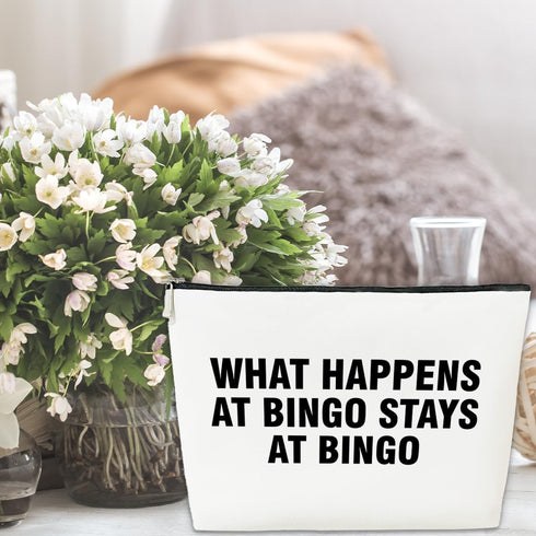 Funny Bingo Player Makeup Bag Gift for Her, What Happens at Bingo Stays at Bingo, Bingo Money Game or Casino Gambling Lover or Gambler Gift, PU Le...