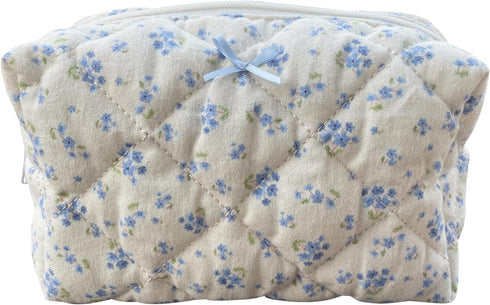 Cotton Quilted Makeup Bag Coquette Accessories Make up Bag Organizer Cute Floral Cosmetic Pouch Travel Makeup Bag for Women (Blue floral)...