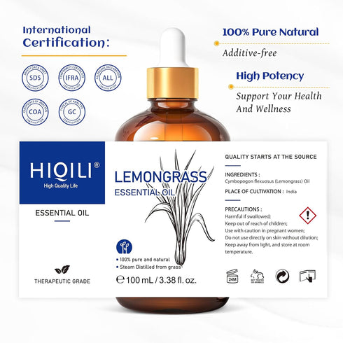 HIQILI Lemongrass Essential Oil, 100% Pure Natural Undiluted Premium Oils - 3.38 Fl. Oz...