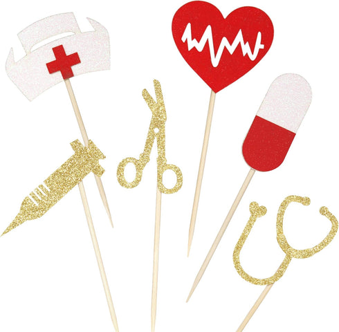 24pcs Nursing Cupcake Toppers, Glitter Medical Rn Themed Cake Picks, Nurse Graduation Party Decorations Supplies...