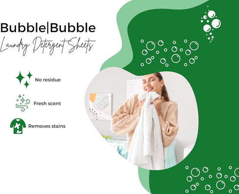 Bubble Bubble Laundry Detergent Sheets - Fresh Scent - No Plastic Jug (90 Loads) 90 Sheets, Plastic Free Detergent, White...