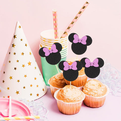 Mouse Cupcake Toppers Black and Pink Mouse Inspired Cupcake Toppers with Bow Glitter Mouse Cupcake Picks Baby Shower Wedding Kids Birthday Party C...