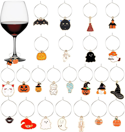 23pcs Halloween Wine Charms Bar Wine Glass Markers Set Ghost Pumpkin Bat Wizard Hat Broomstick Castle Moon Mummy Skeleton Halloween Enamel Charms...