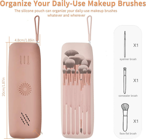 Large Travel Makeup Brush Holder, Silicon Portable Cosmetic Brushes Organizer, Soft Makeup Tools Pouch, Travel Makeup Essentials (Light Pink)...