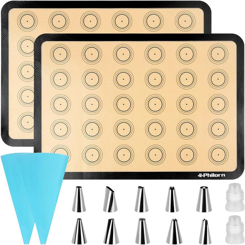 PHILORN Silicone Baking Mat Set, 16.5" x 11.42" Macaron Baking Mat, Non-Stick Baking Mat with Baking Tools, 2 Pack Food Safe Baking Silicone Mat, ...