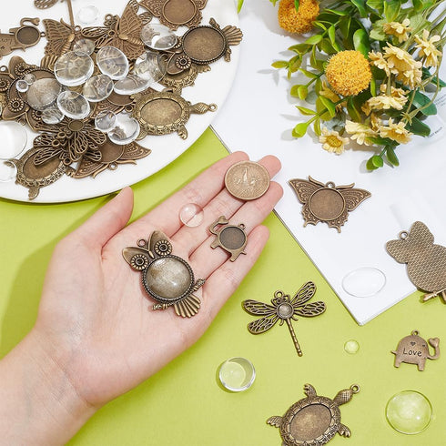 PH PandaHall 60pcs Pendant Trays Kit 30pcs 5 Styles Bronze Blank Pendant Owl Turtle Pendant Bezel, 30pcs Clear Glass Cabochon Dome Settings for DI...