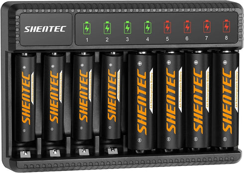 Shentec 4 Packs 2500mAh Rechargeable AA Batteries and 4 Packs 1000mAh Rechargeable AAA Batteries with Smart 8 BayAAA AA Battery Charger (USB Fast ...