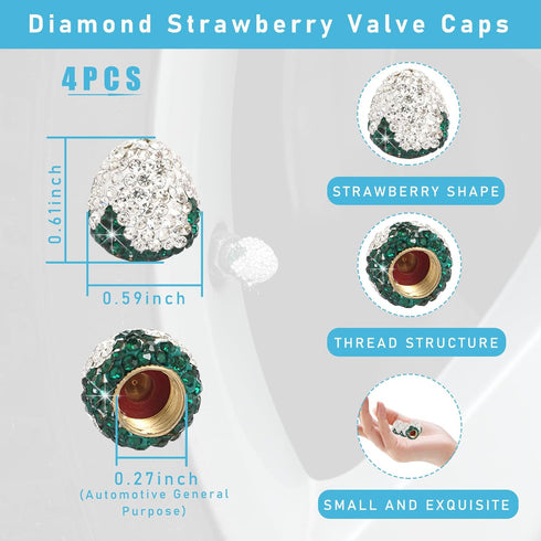 4PCS Strawberry Car Tire Valve Stem Caps, Bling Crystal Rhinestone Tire Valve Stem Covers, Dustproof Wheel Valve Covers for Women, Universal Car A...