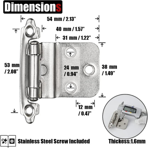 JQK 3/8 Inch Inset Cabinet Door Hinges Satin Nickel, 4 Pack 2 Pairs Flush Face Mount Cupboard Self-Closing Kitchen Cabinet Hardware Hinges with Do...