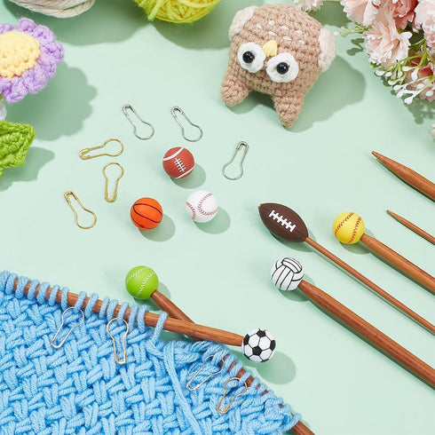 NBEADS 8 Pcs 8 Styles Knitting Needle Stoppers, 20 Pcs Iron Kilt Pin Stitch Markers Sports Ball Needle Point Protectors with a Storage Box Knittin...