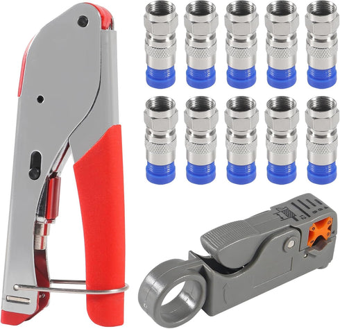 RG6 RG59 Coax Cable Compression Crimper Tool Kit,with 10 pcs Coaxial Compression Fitting Connector,Compression Tool, Coax Cables Stripper for Cabl...