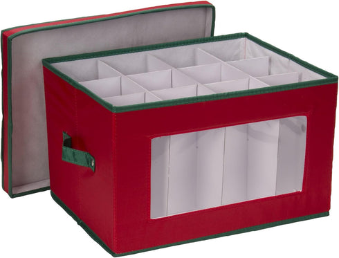 Household Essentials 540RED Holiday China Storage Chest with Lid and Handles, Cocktail Glasses and Red Canvas with Green Trim...